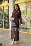 Draped leopard print maxi dress with shoulder brooch 