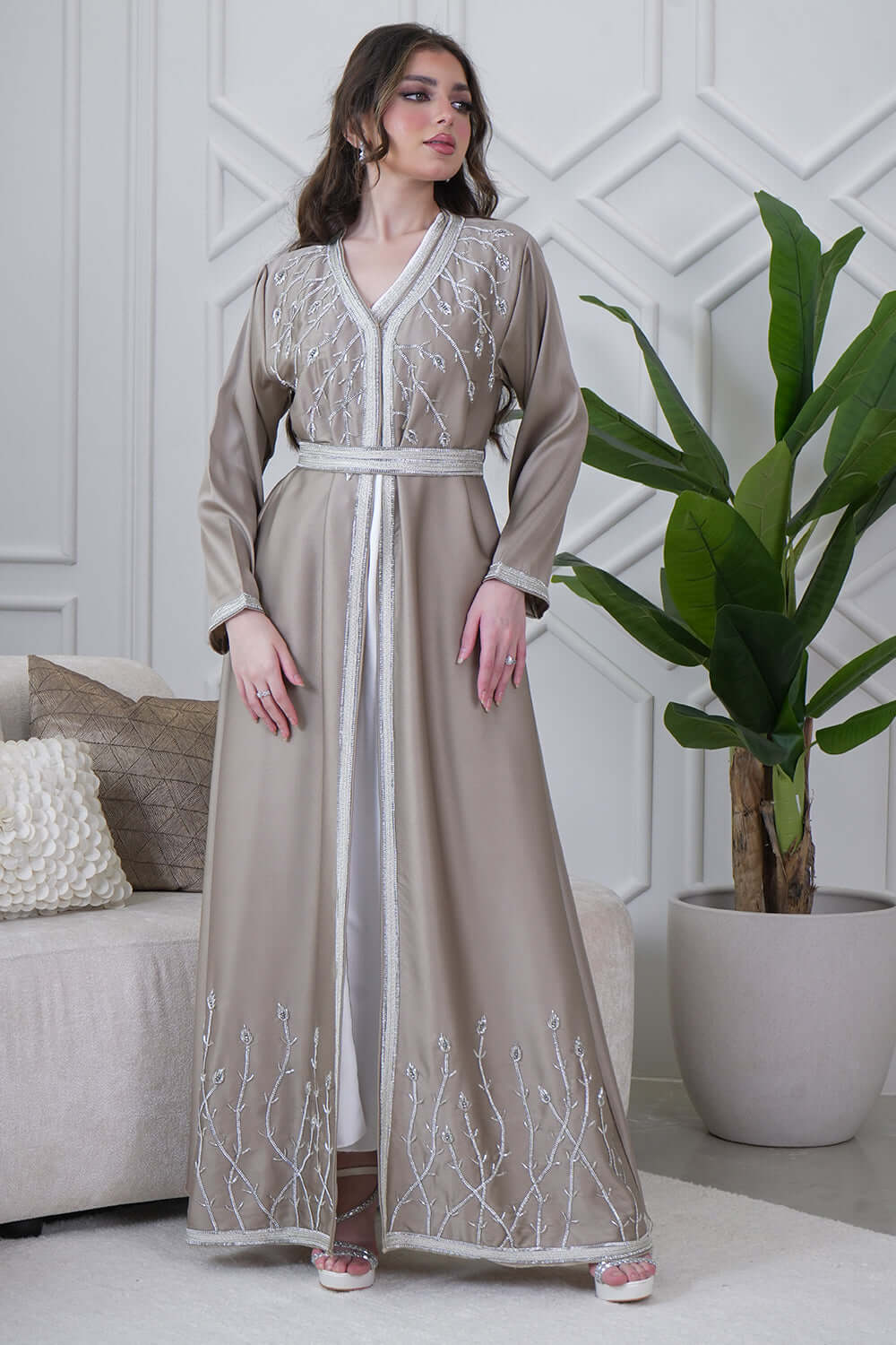 Beige Embroidered Two Piece Kaftan 