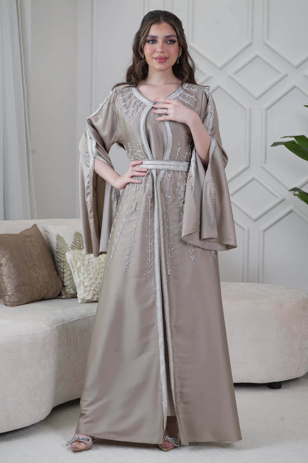 Beige Kaftan with Cape Sleeves and Tie Waist 