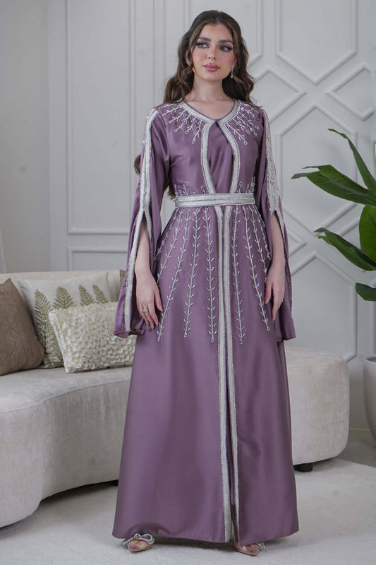 Kaftan with cape sleeves and a tie at the waist, purple 