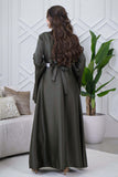 Dark green kaftan with cape sleeves and a tie at the waist 