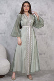 Two-piece kaftan with puff sleeves decorated with rhinestones and beads, green color 