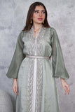 Two-piece kaftan with puff sleeves decorated with rhinestones and beads, green color 