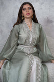 Two-piece kaftan with puff sleeves decorated with rhinestones and beads, green color 