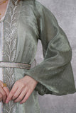 Two-piece kaftan with puff sleeves decorated with rhinestones and beads, green color 