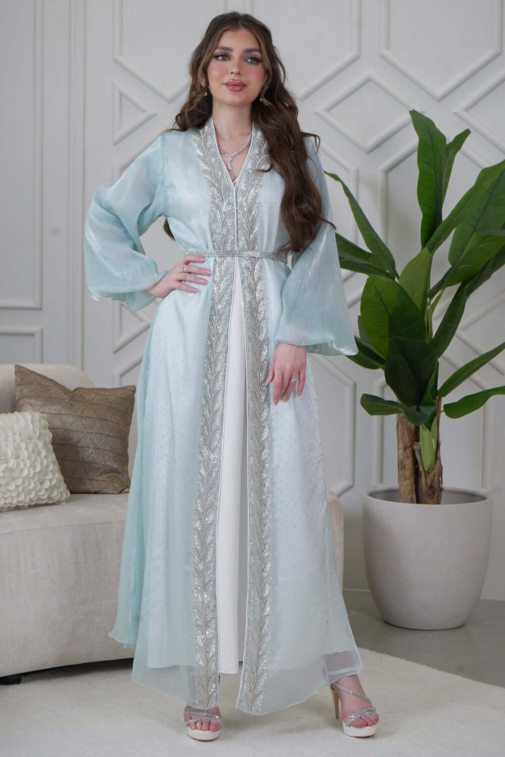 Tiffany Color Beaded and Sequined Two Piece Kaftan with Puff Sleeves 