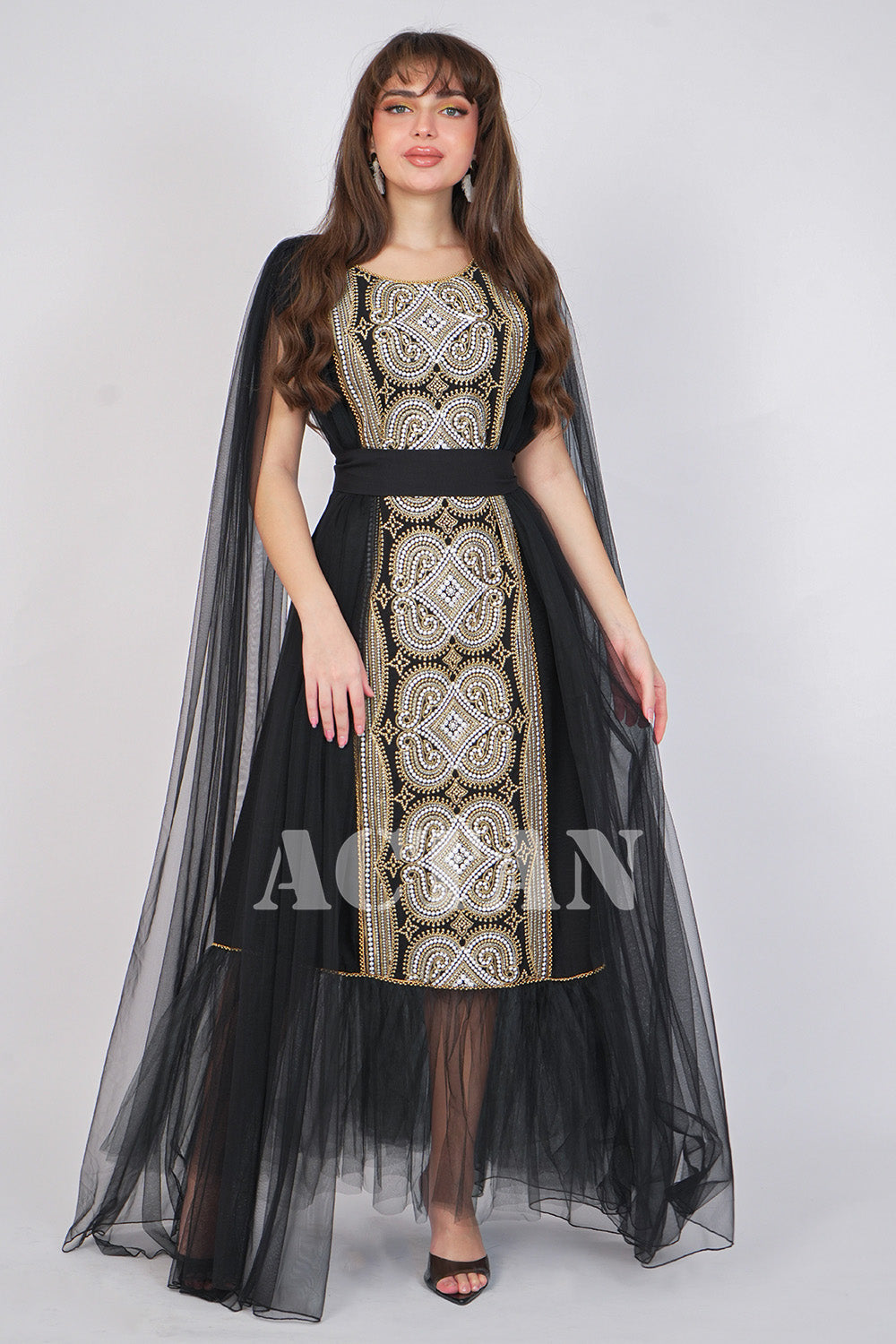 Embroidered tulle jalabiya with cape sleeves 