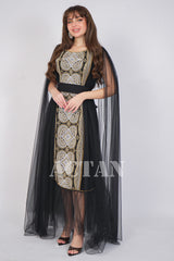 Embroidered tulle jalabiya with cape sleeves 