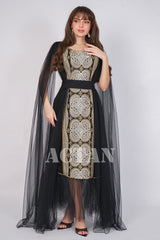 Embroidered tulle jalabiya with cape sleeves 