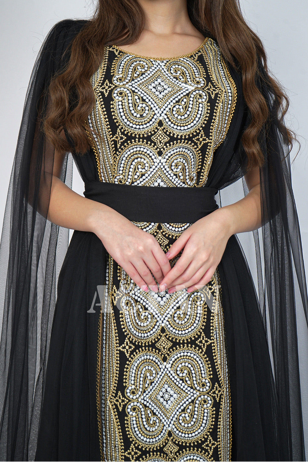 Embroidered tulle jalabiya with cape sleeves 