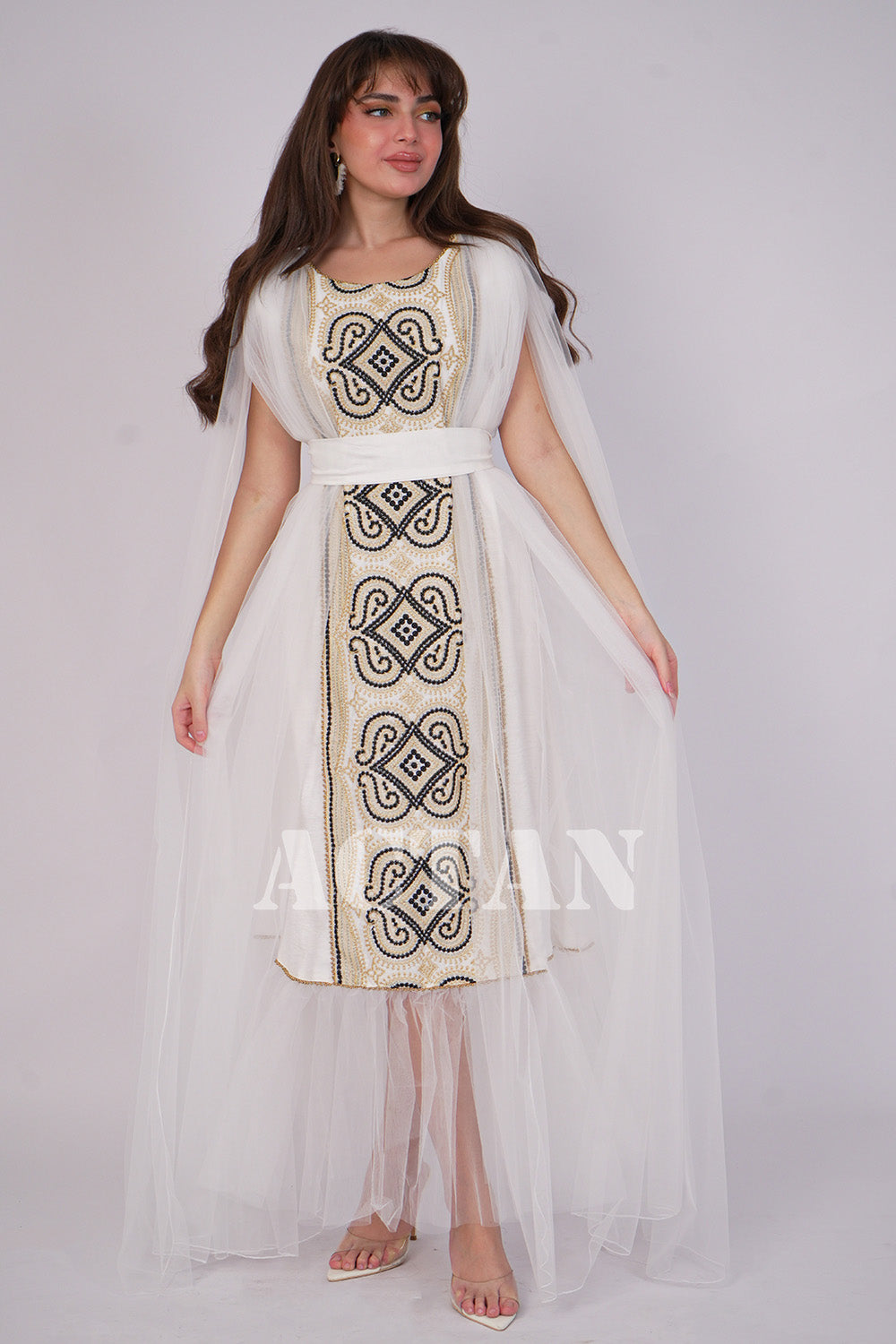 Embroidered tulle jalabiya with cape sleeves 