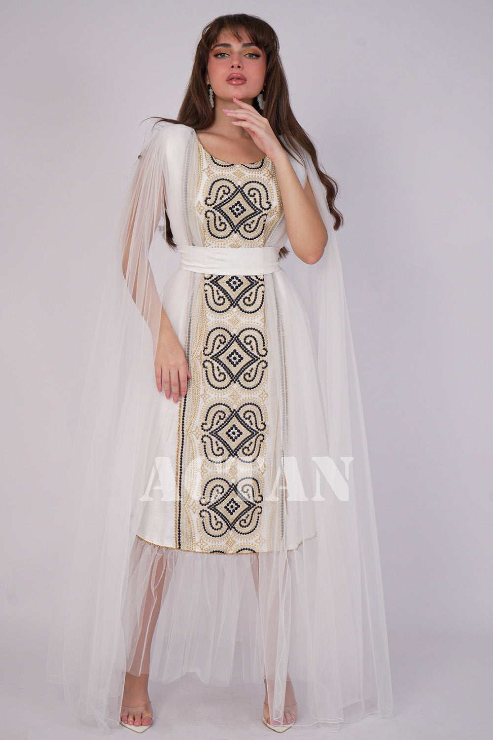 Embroidered tulle jalabiya with cape sleeves 