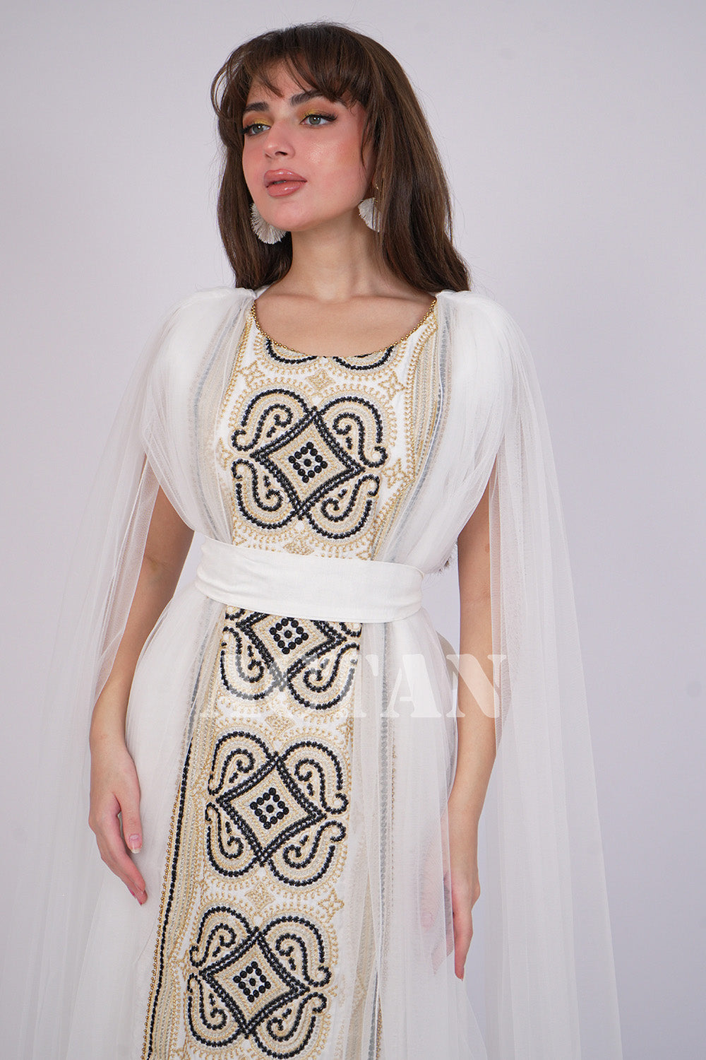 Embroidered tulle jalabiya with cape sleeves 