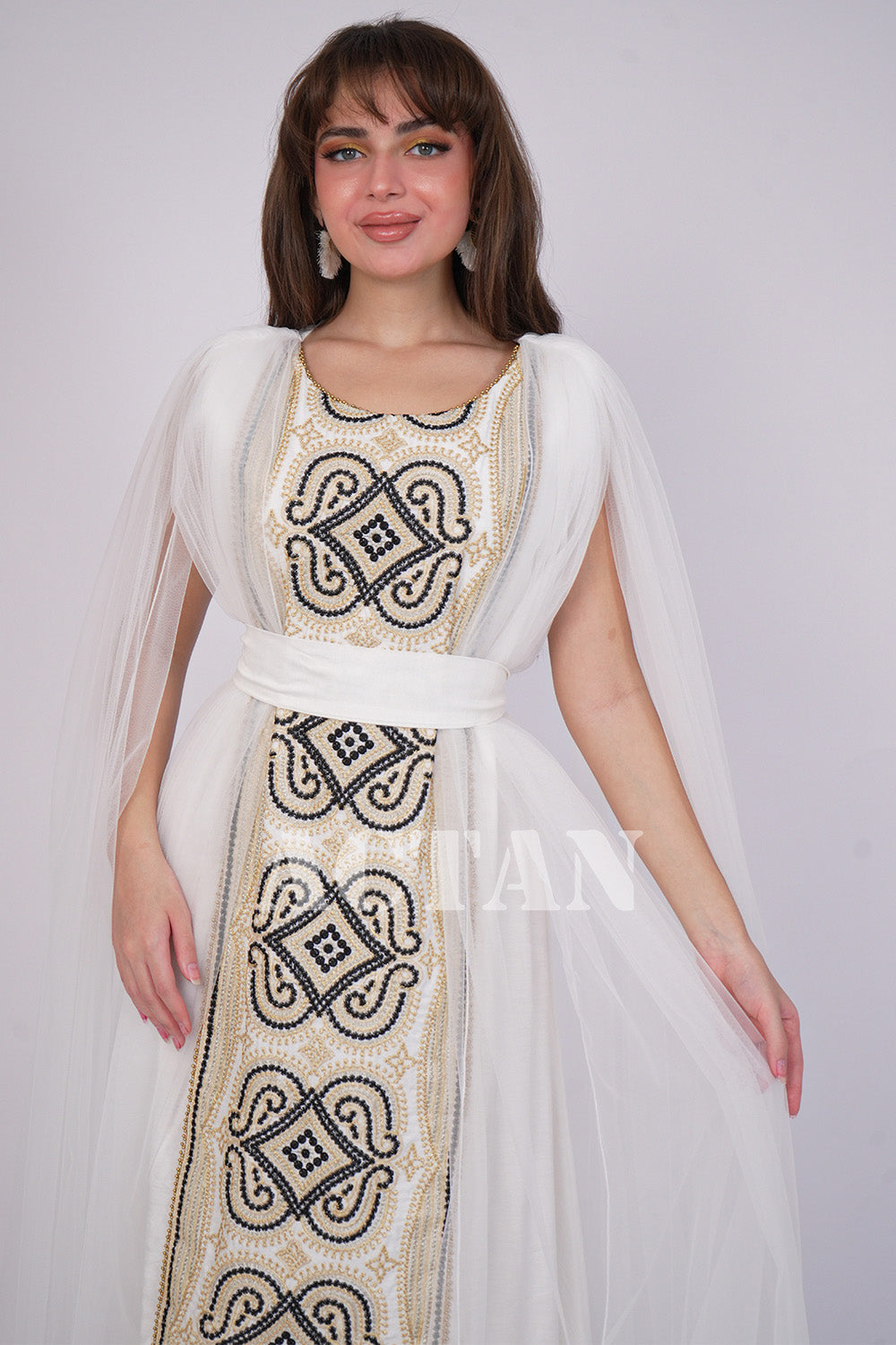 Embroidered tulle jalabiya with cape sleeves 