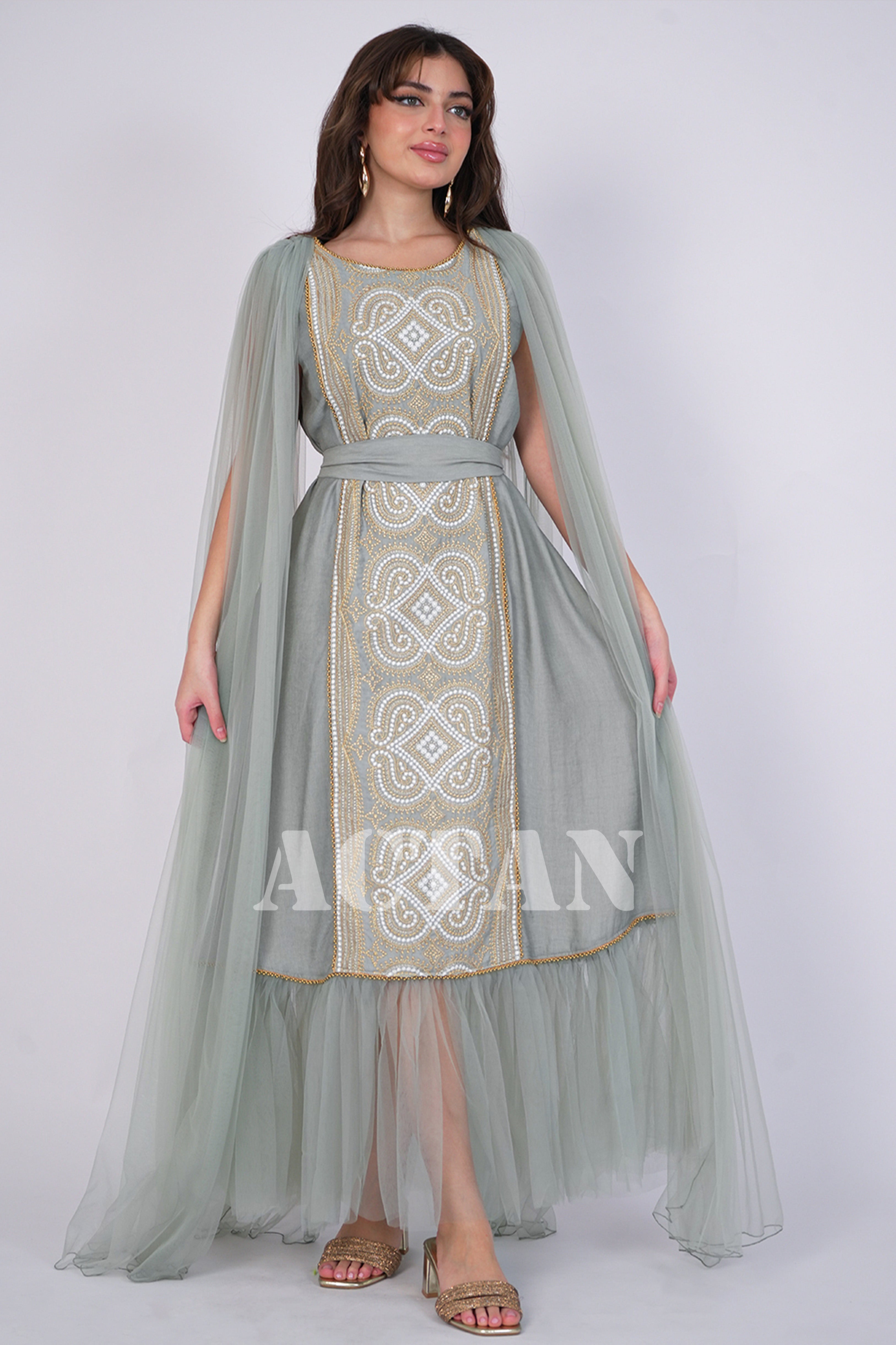 Embroidered tulle jalabiya with cape sleeves 