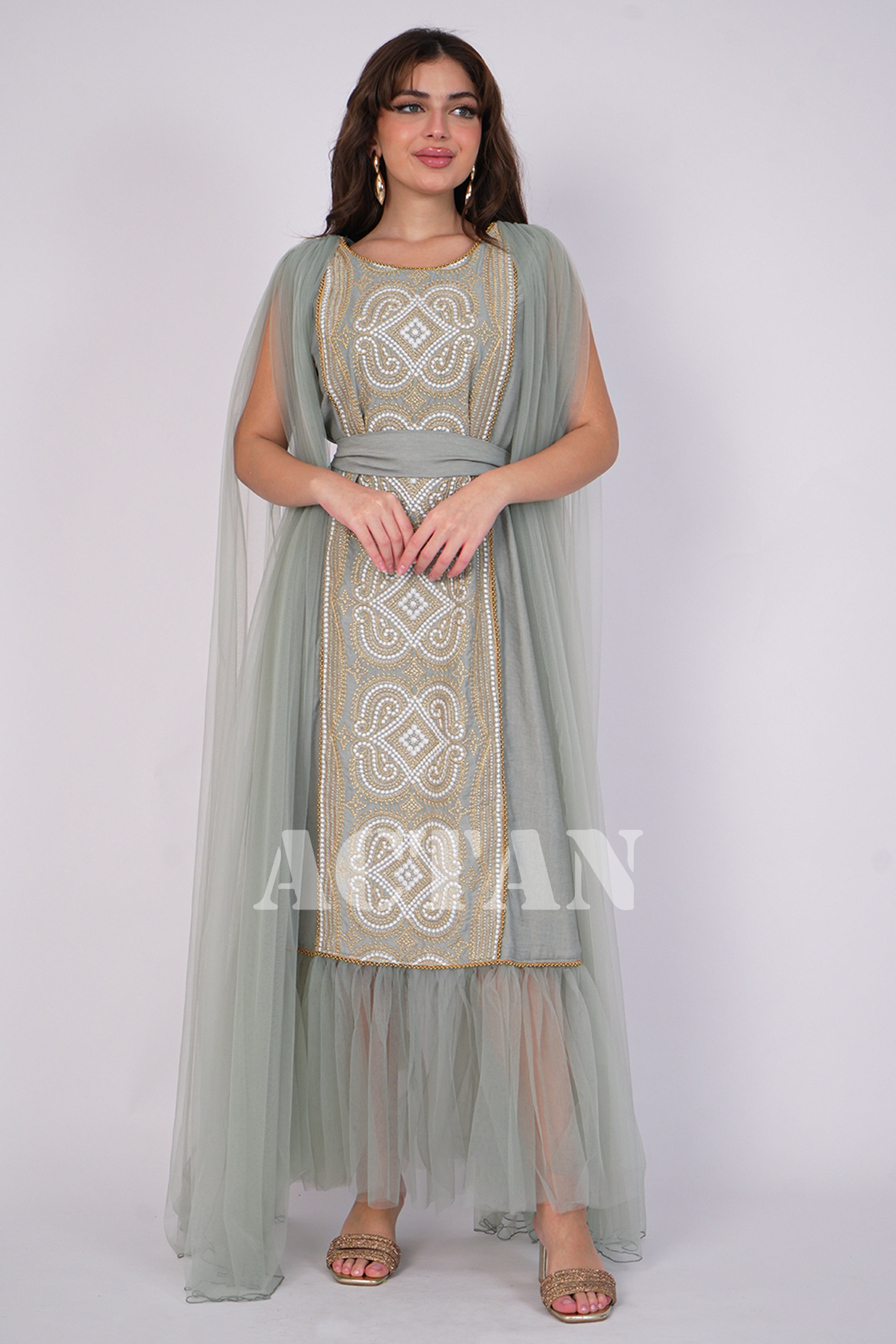 Embroidered tulle jalabiya with cape sleeves 