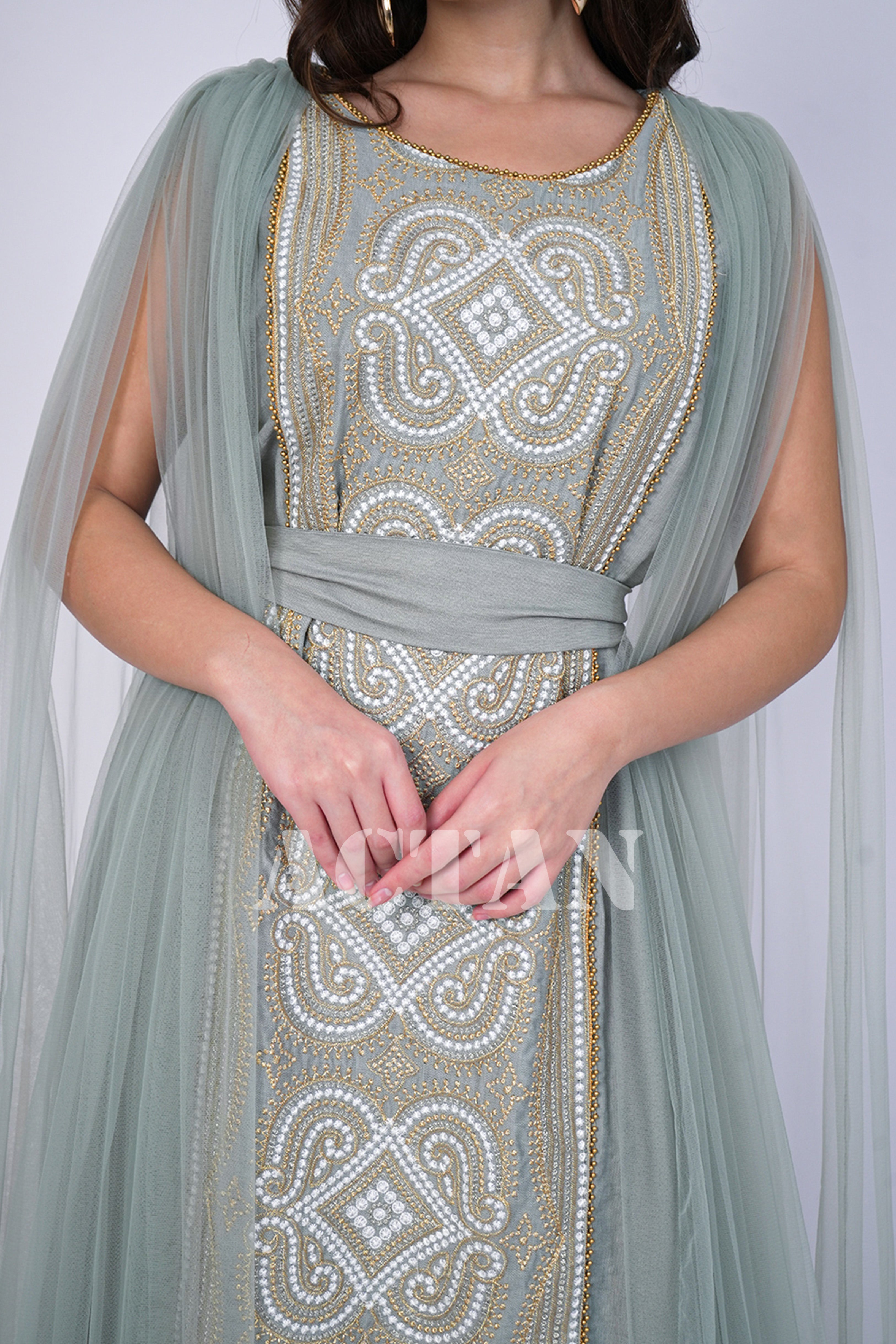 Embroidered tulle jalabiya with cape sleeves 