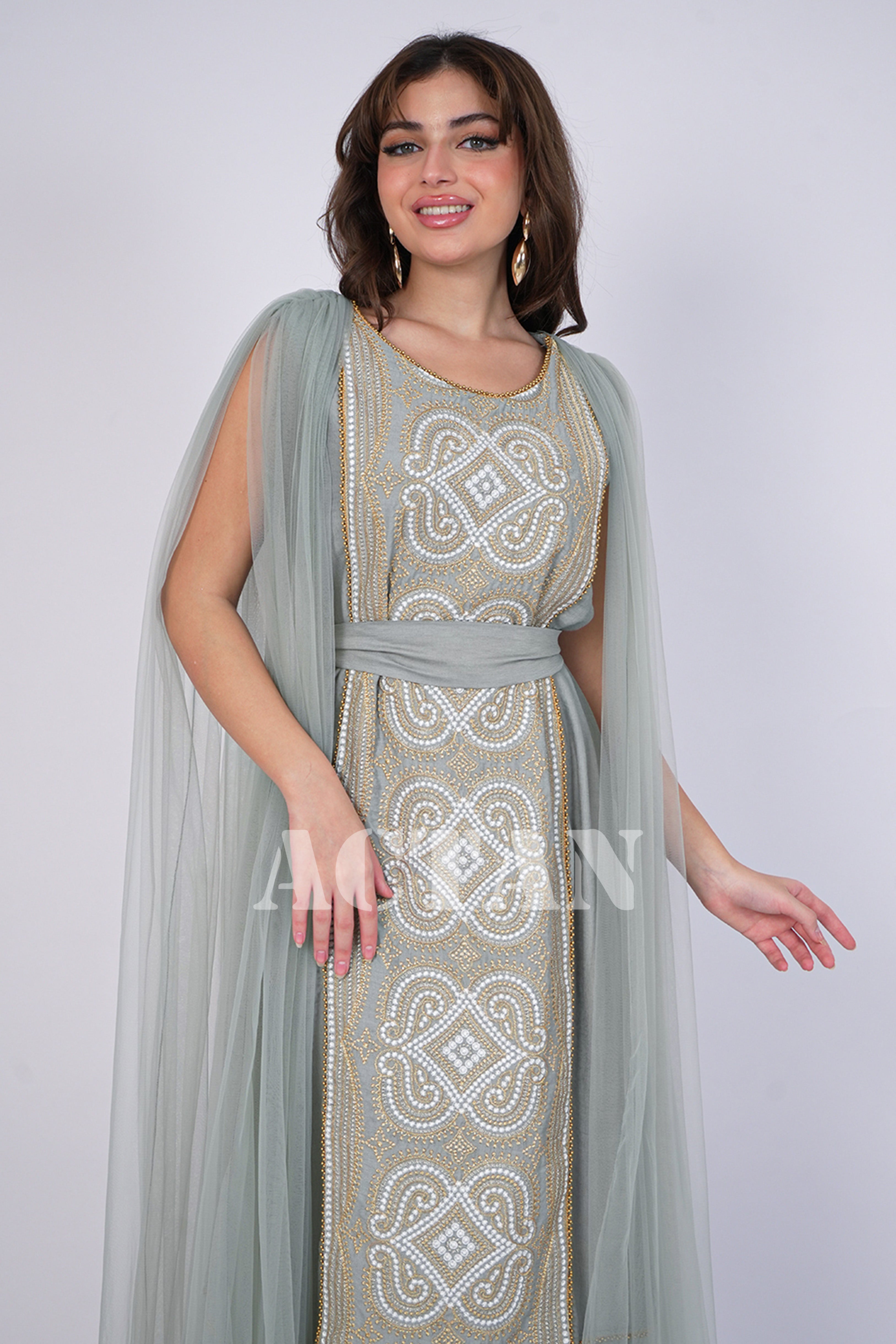 Embroidered tulle jalabiya with cape sleeves 