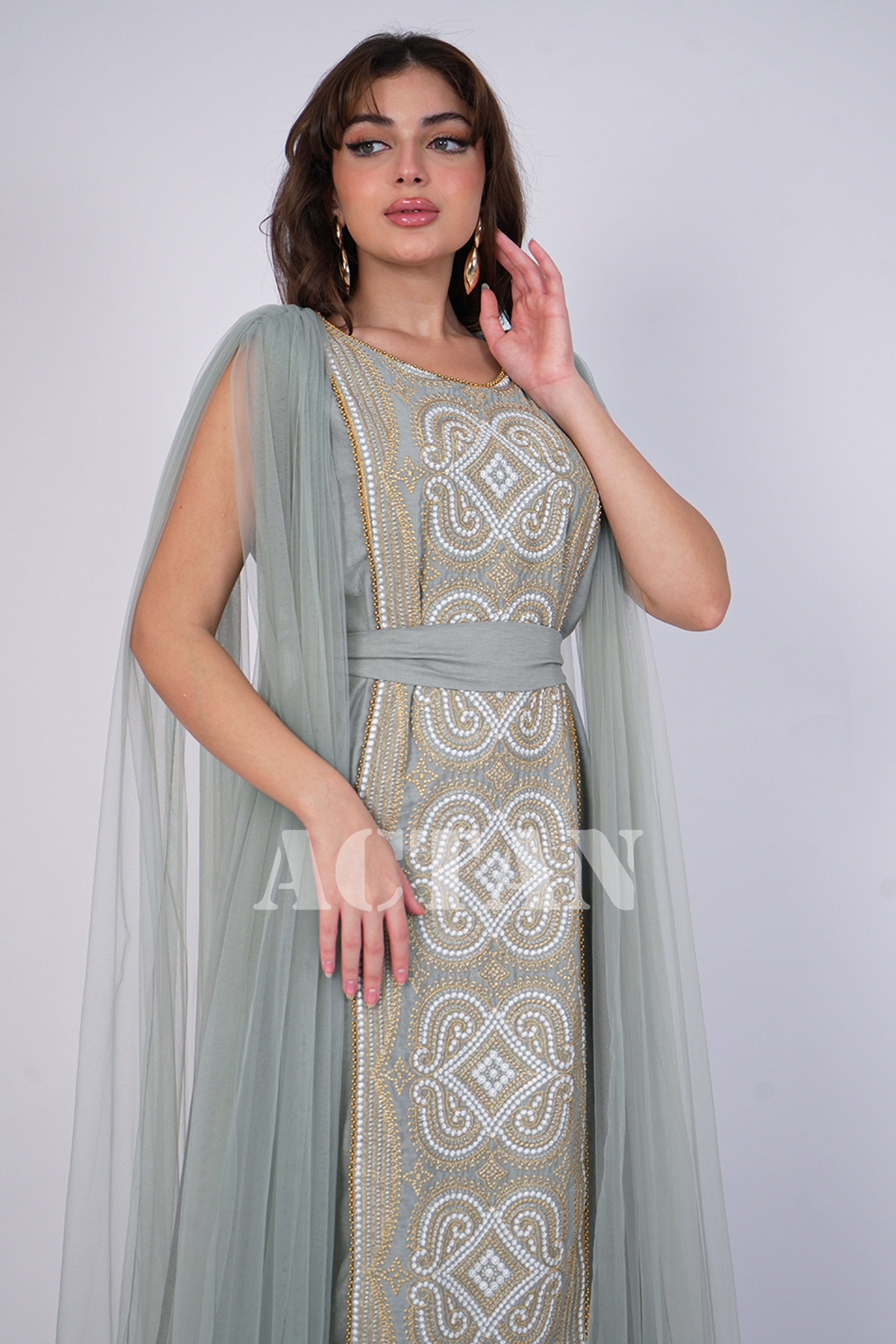 Embroidered tulle jalabiya with cape sleeves 