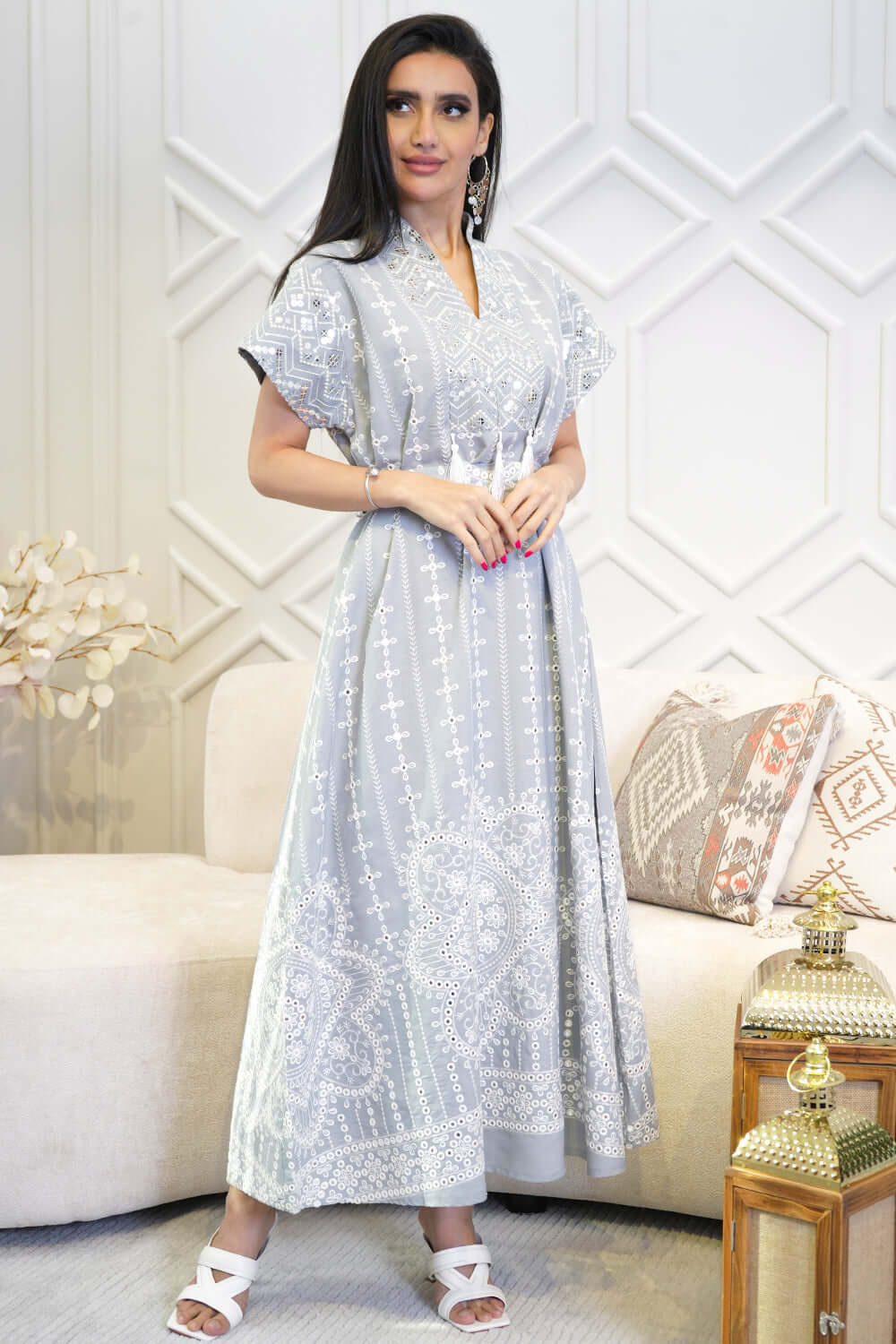 Maxi jalabiya embroidered with fringe 