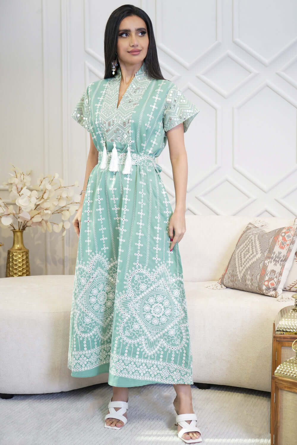 Maxi jalabiya embroidered with fringe 