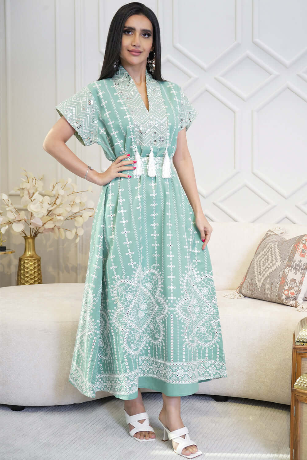 Maxi jalabiya embroidered with fringe 