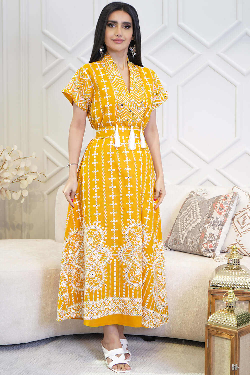 Maxi jalabiya embroidered with fringe 