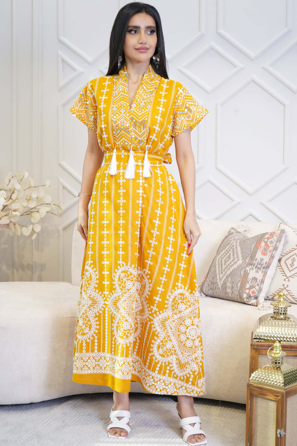 Maxi jalabiya embroidered with fringe 