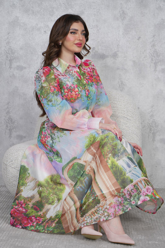 Elegant floral print blouse and skirt set 