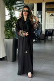 Black crepe wrap abaya with embroidered sleeves