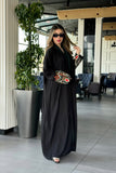 Black crepe wrap abaya with embroidered sleeves