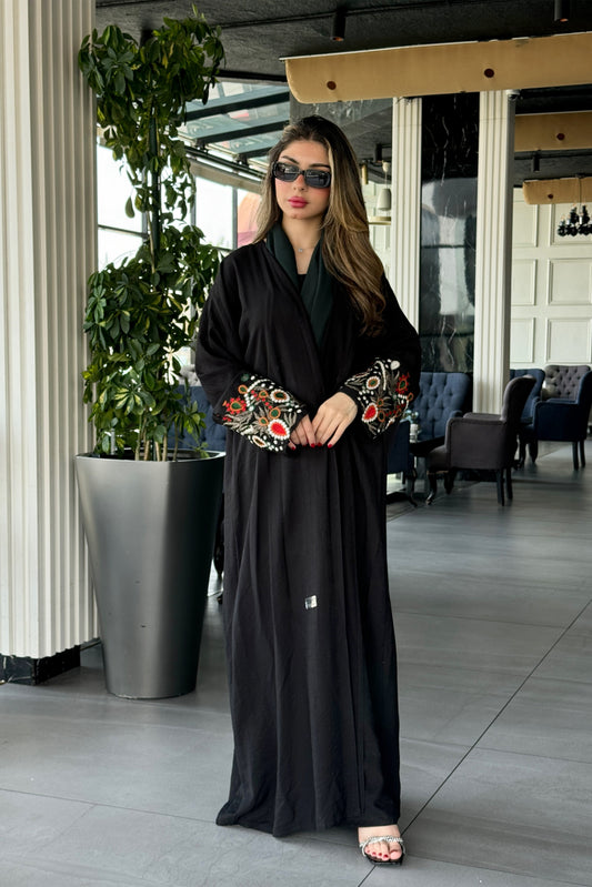 Black crepe wrap abaya with embroidered sleeves