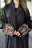 Black crepe wrap abaya with embroidered sleeves