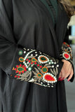 Black crepe wrap abaya with embroidered sleeves