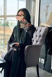 Black crepe wrap abaya with embroidered sleeves