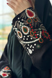 Black crepe wrap abaya with embroidered sleeves