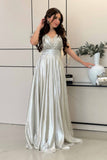 Off Shoulder Metallic Silver Maxi Dress 