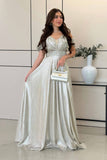 Off Shoulder Metallic Silver Maxi Dress 