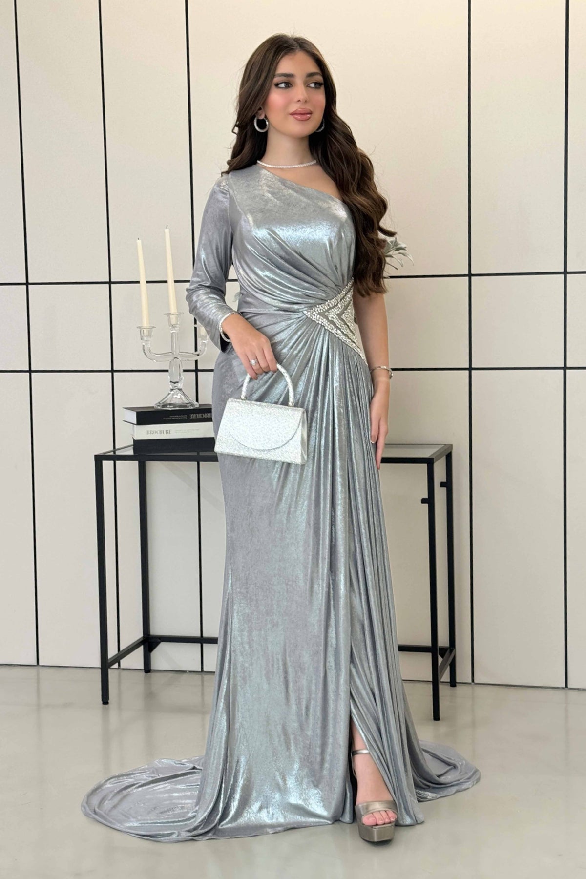 Long one shoulder shiny evening dress in gray color 