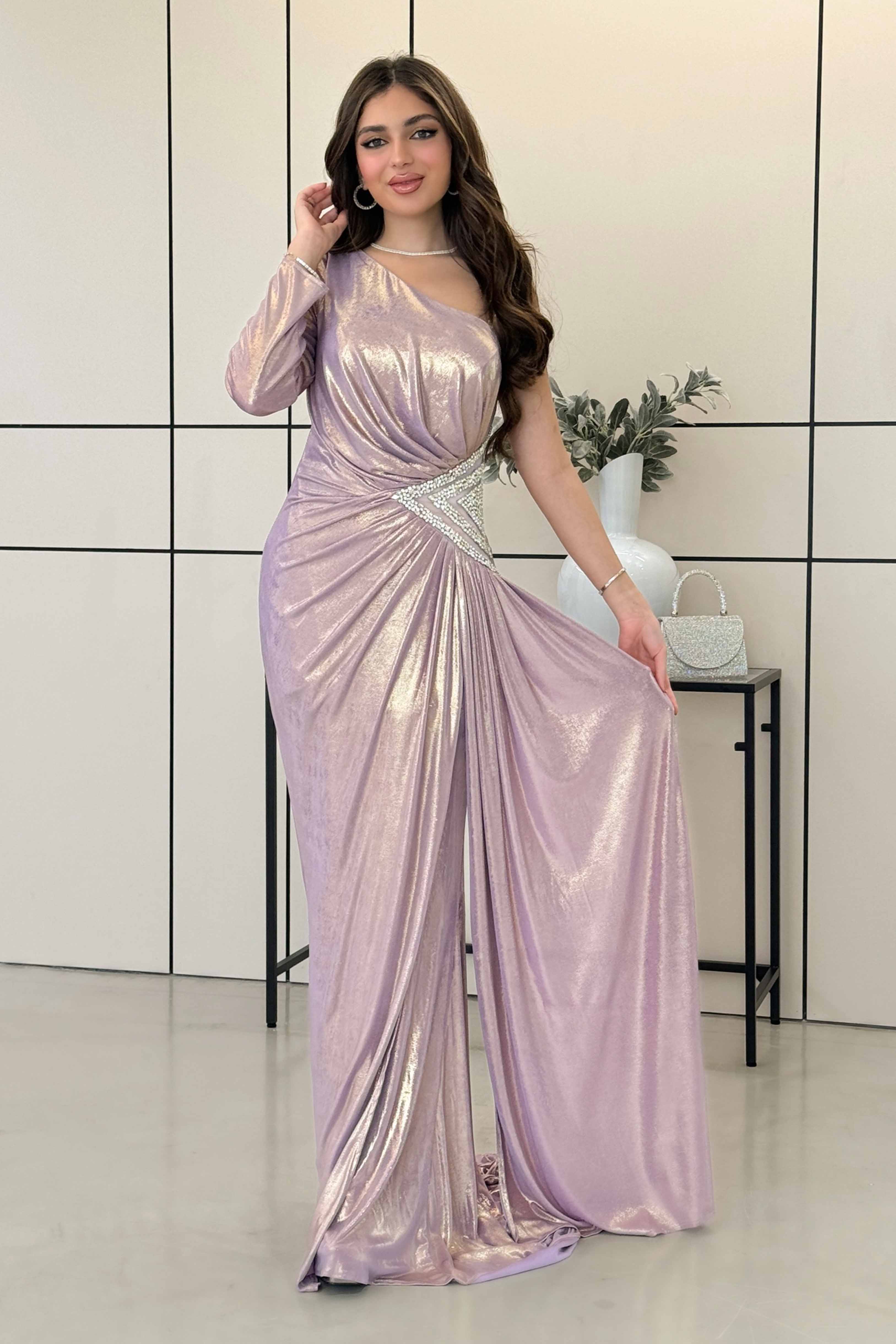 One Shoulder Long Shiny Pink Evening Dress 