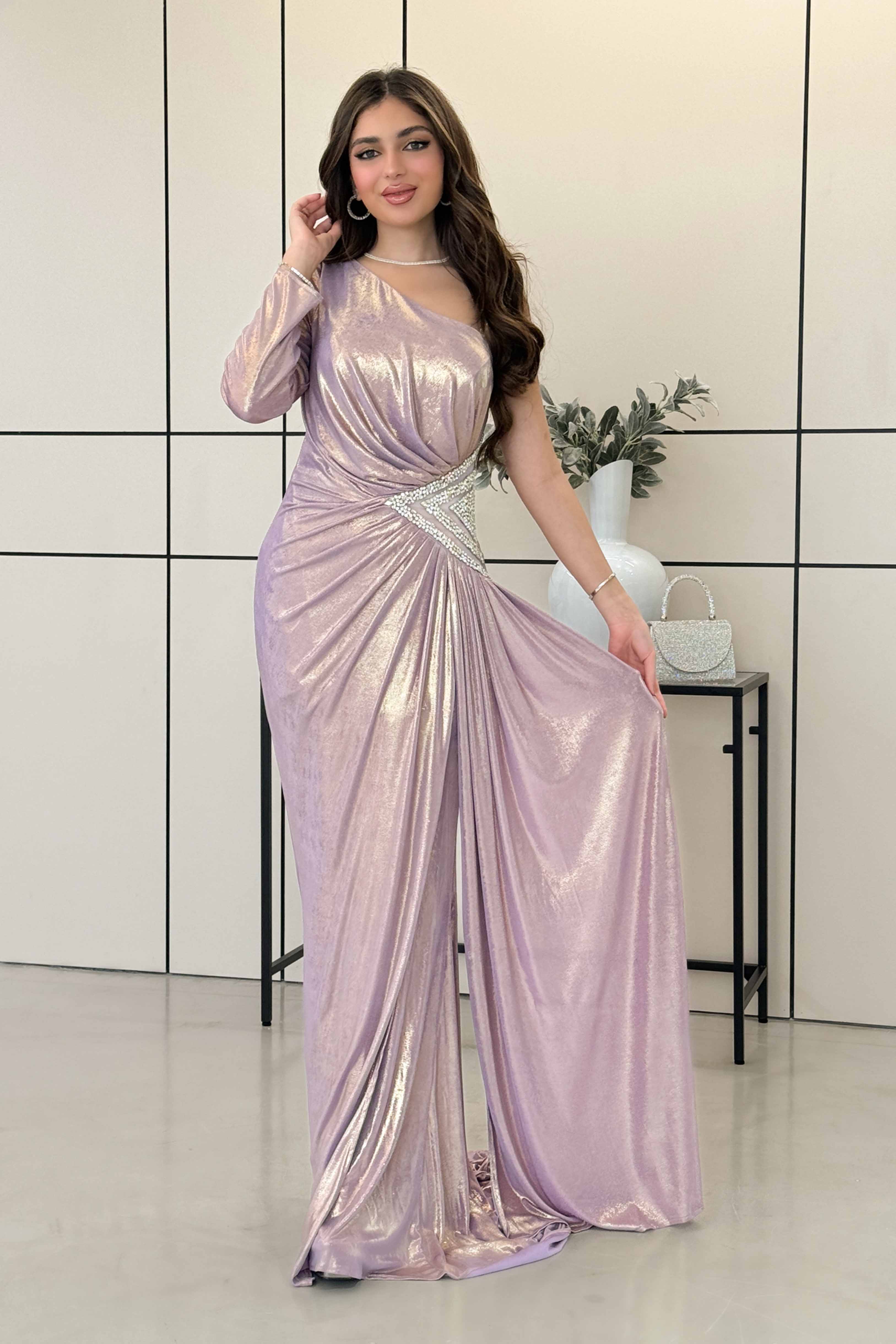 One Shoulder Long Shiny Pink Evening Dress 