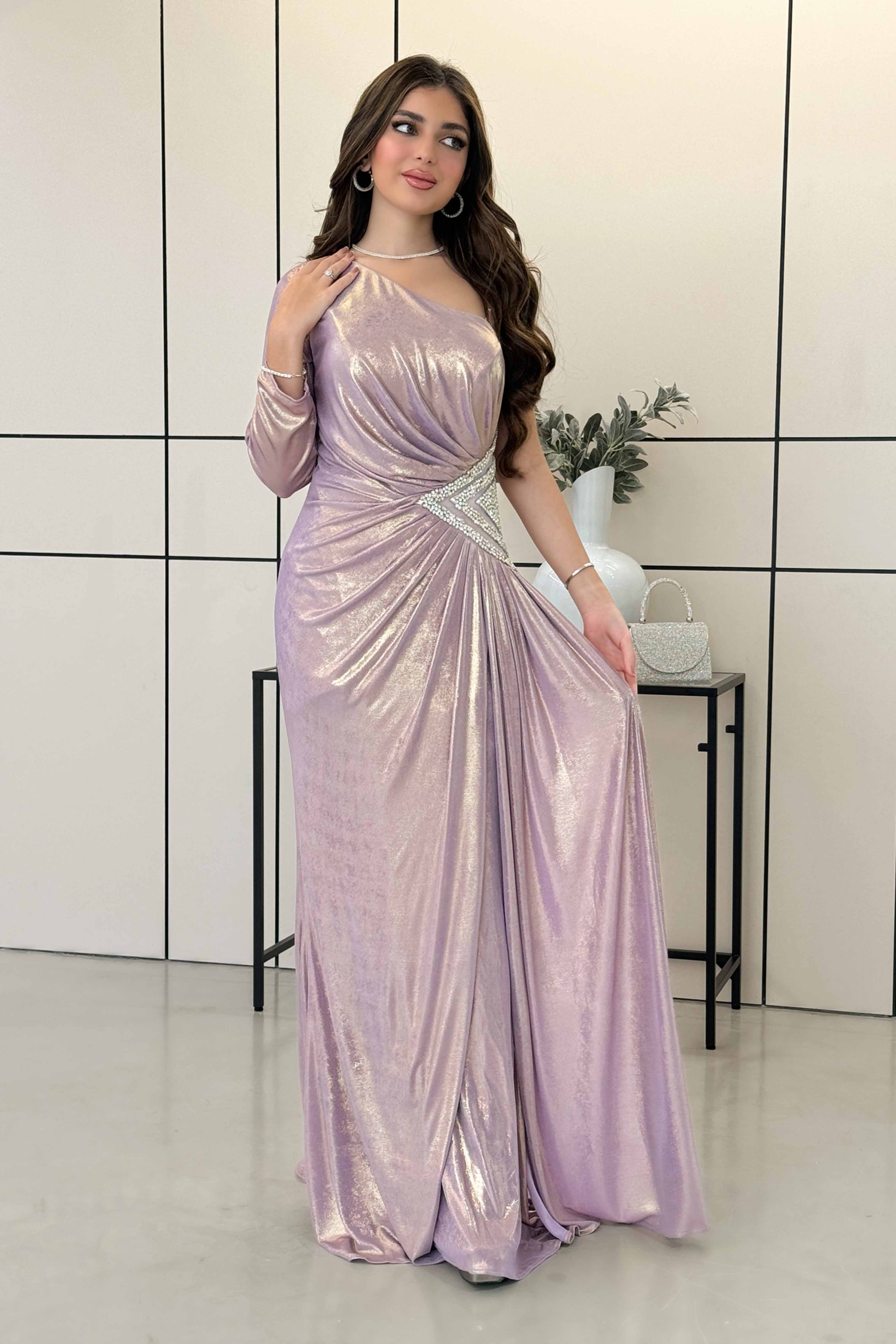 One Shoulder Long Shiny Pink Evening Dress 