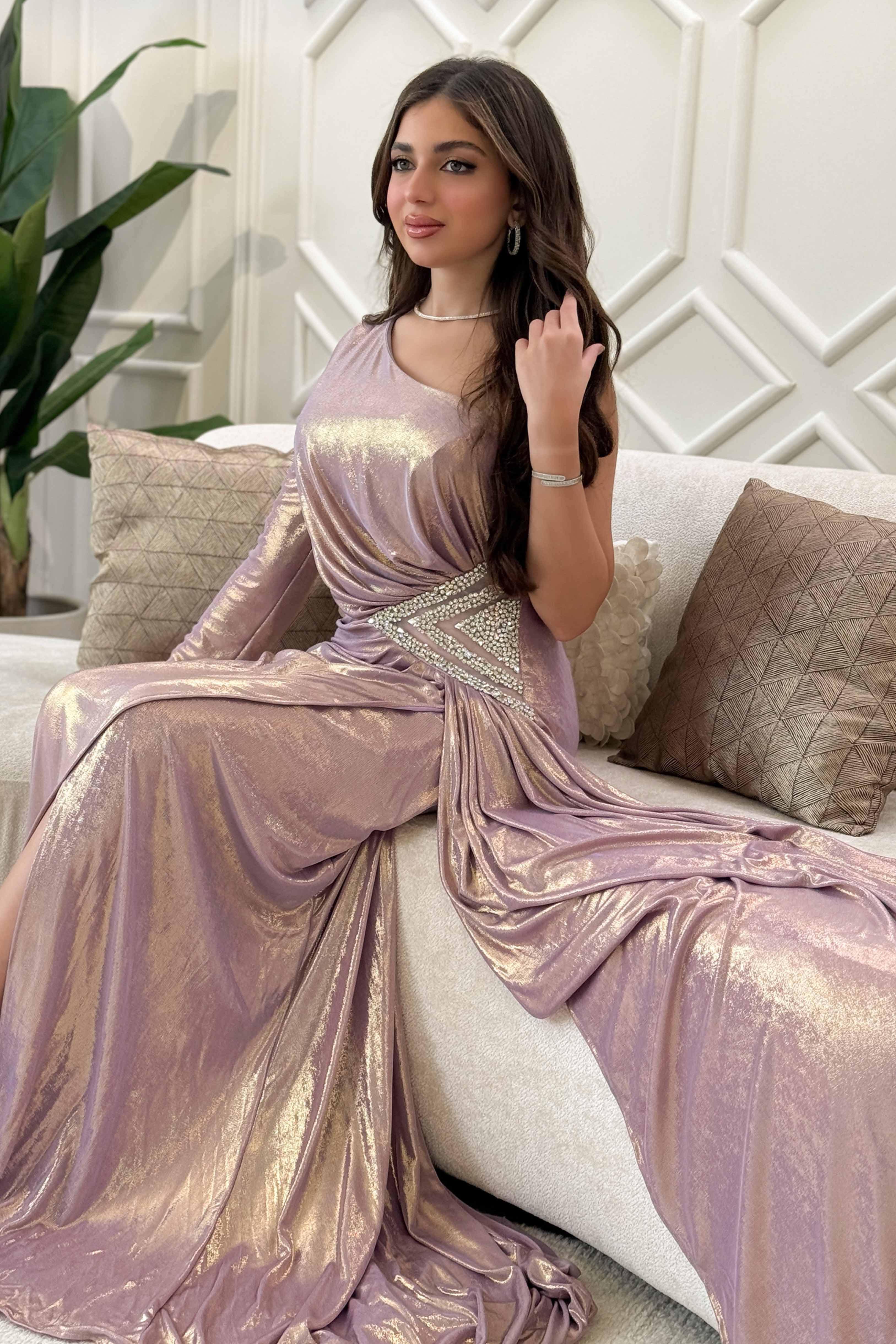 One Shoulder Long Shiny Pink Evening Dress 