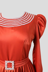 Orange Crystal Embellished Belted Midi Dress
