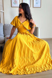 Yellow Pleated Maxi Dress with Side Tie 