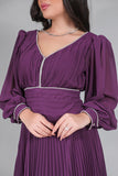 Purple Chiffon Pleated Dress with Crystal Ribbon