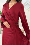 Burgundy pleated satin midi dress 