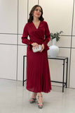 Burgundy pleated satin midi dress 