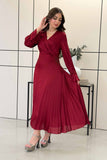 Burgundy pleated satin midi dress 