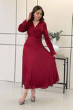 Burgundy pleated satin midi dress 